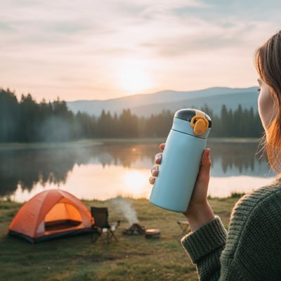 gourde isotherme bleue femme près du lac au matin