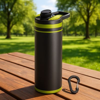 gourde isotherme filtrante verte sur une table de pique nique dans un parc