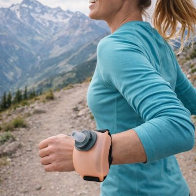 gourde plastique au poignet d'une femme joggant dans les alpes