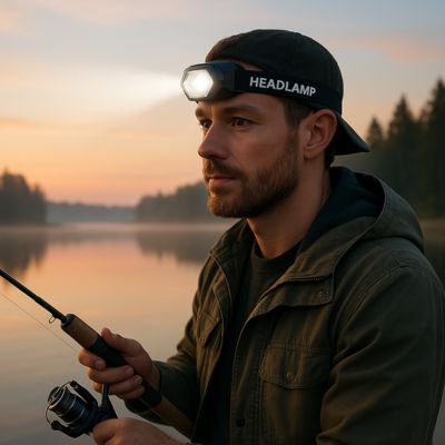 lampe frontale sur un homme qui pêche dans la noirceur