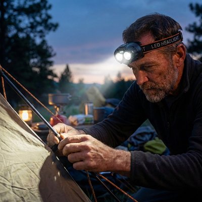 lampe frontale homme qui monte son bivouac au crépuscule
