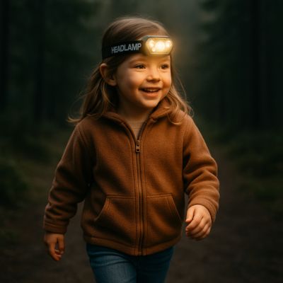 lampe frontale petite fille se promenant dans les bois