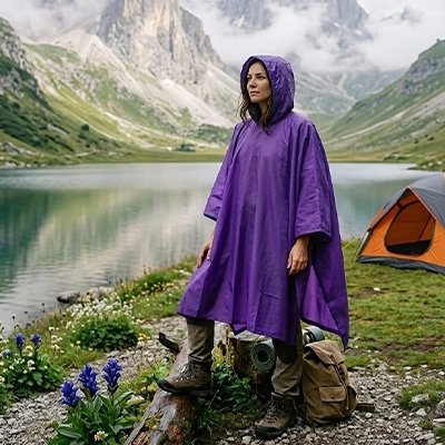 poncho pluie violet femme en randonnée