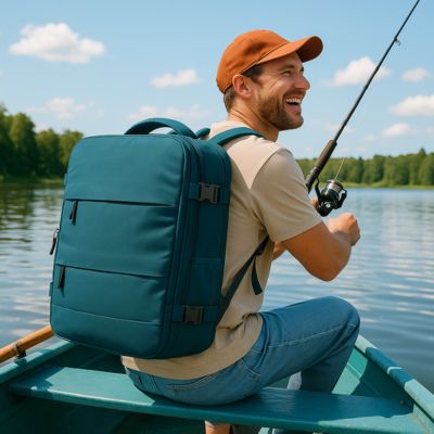 sac à dos homme a la pêche en chaloupe