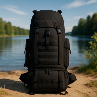 sac à dos noir reposant sur le bord du lac