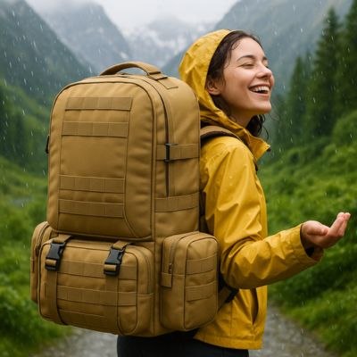 sac à dos femme sous la pluie dans les alpes