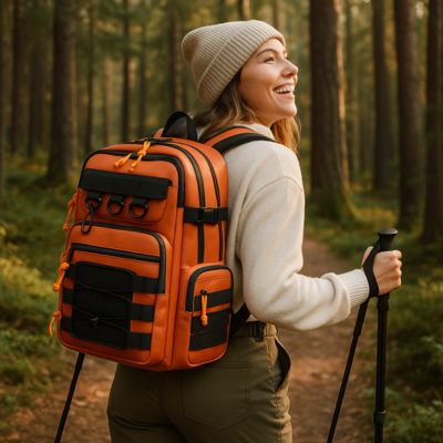 sac à dos femme marchant avec ses bâtons de marche