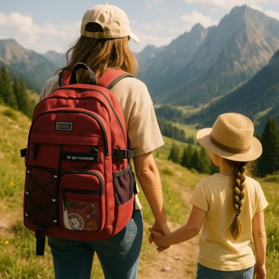 sac à dos femme marchant avec sa petite fille