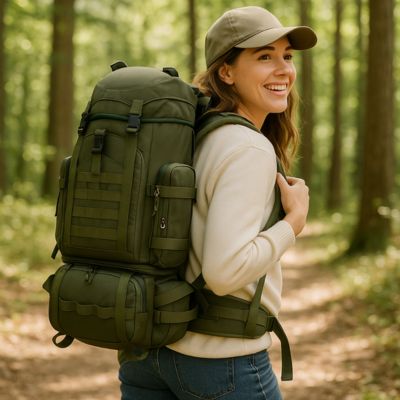 sac à dos avec femme souriante dans la forêt