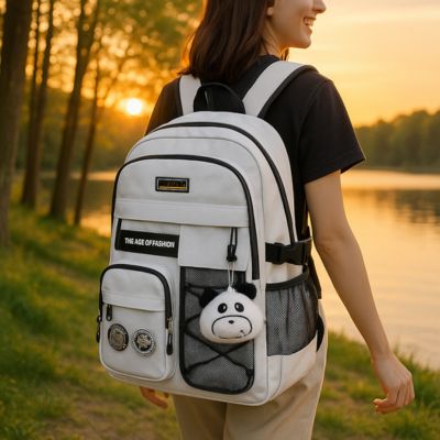 sac à dos femme sur le bord du lac