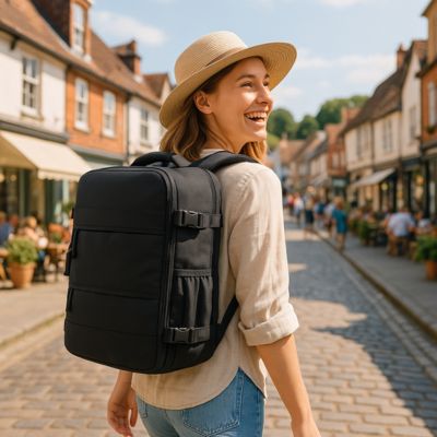 sac à dos avec une femme marchant dans un village