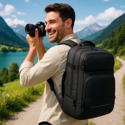 sac à dos homme qui prend des photos au loin