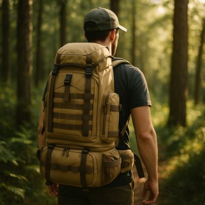 sac à dos beige homme marchant dans les bois