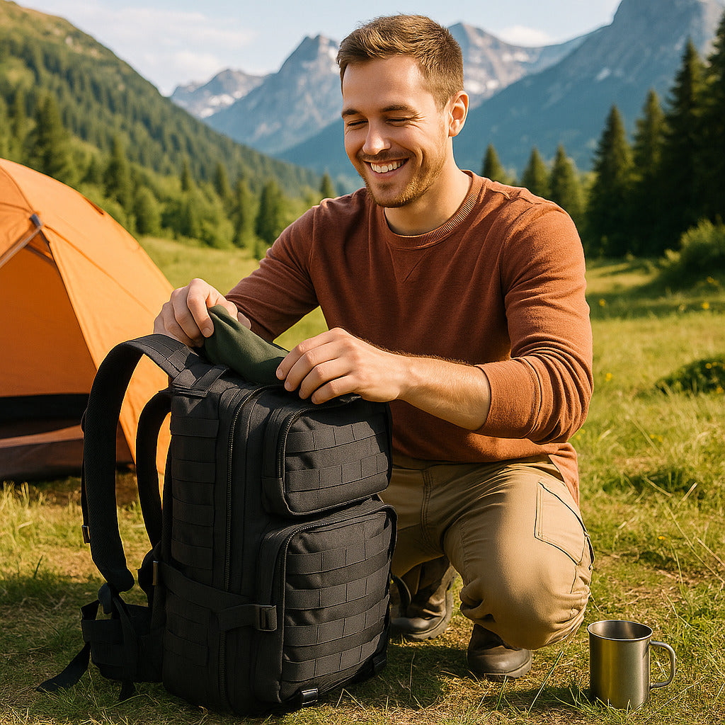 sac à dos homme en camping a coté d'une tente