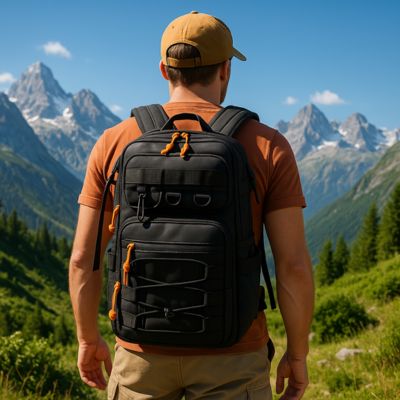 sac à dos homme admirant les montagnes au loin