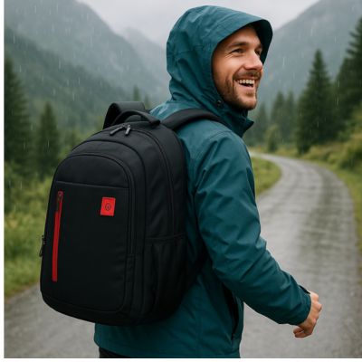 sac à dos homme marchant sous la pluie