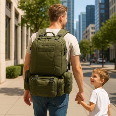 sac à dos homme dans la ville avec son fils