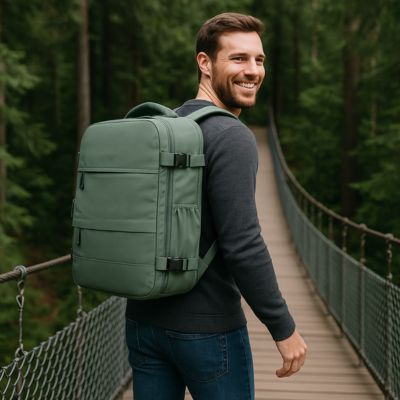 sac à dos homme traversant un pont suspendu dans forêt