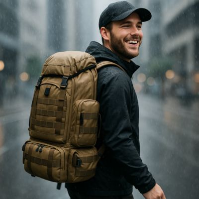 sac à dos homme marchant sous la pluie