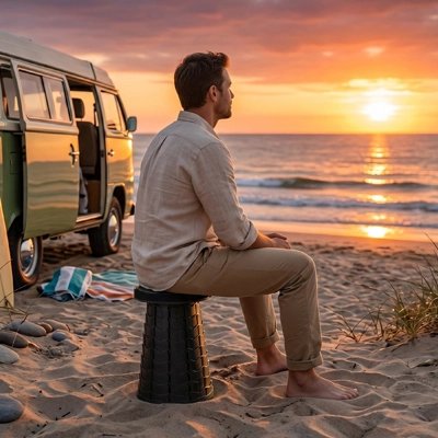 Tabouret pliant homme en westfalia au coucher soleil