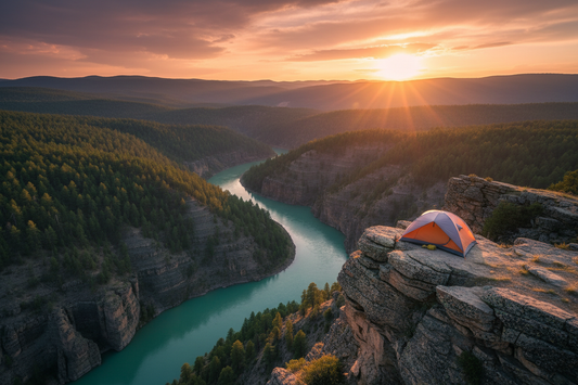 Une tente sur une crête rocheuse avec un canyon turquoise en contrebas et une forêt de pins au coucher du soleil