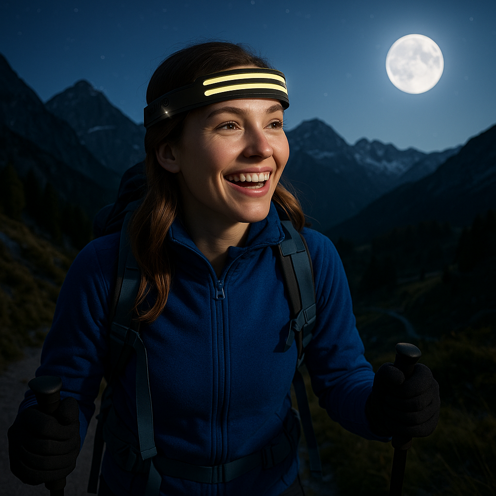 Lampe frontale AventurePro rechargeable pour camping et trekking alpes
