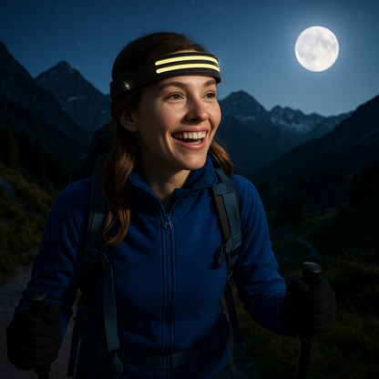 Lampe frontale AventurePro rechargeable pour camping et trekking alpes
