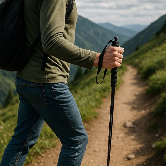 Baton de marche homme en randonnée sur un sentier rocailleux