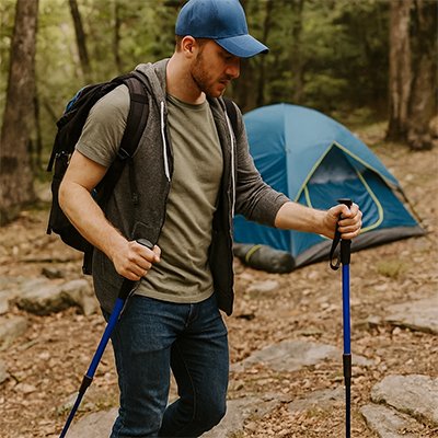 Bâton de randonnée bleu homme en camping