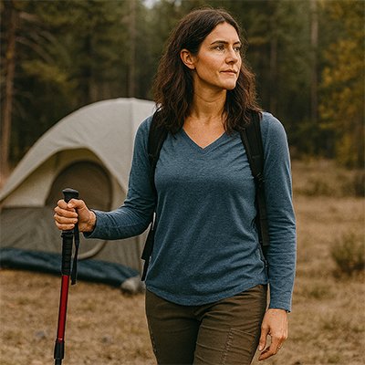 Bâton de randonnée rouge femme en camping