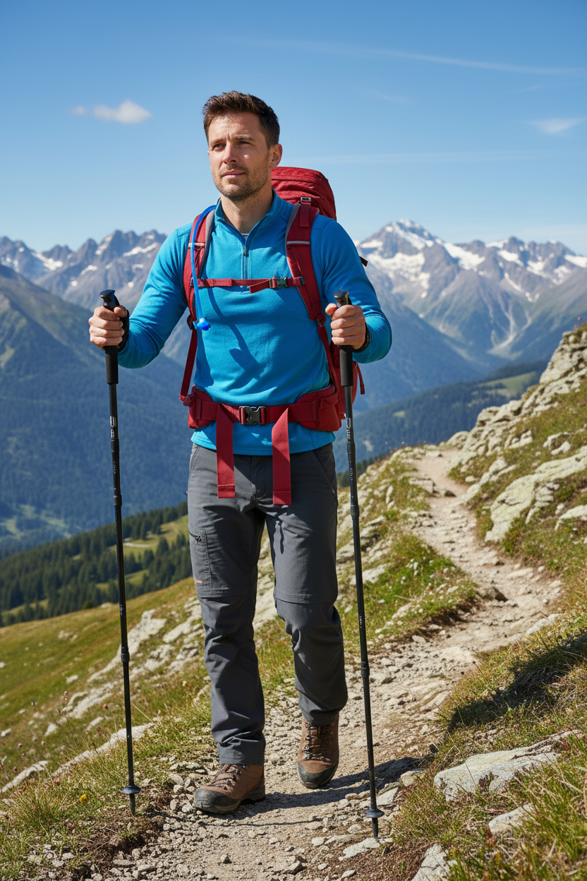 bâtons de marche homme en trek dans les Alpes