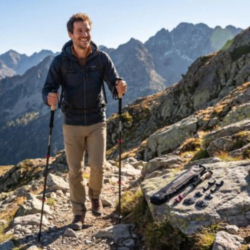 Bâtons de marche homme heureux en trekking
