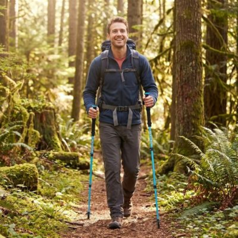 Bâtons de marche randonnée homme en sentier forestier
