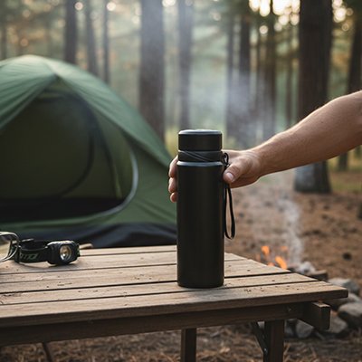 Bouteille isotherme en camping près d'un bivouac
