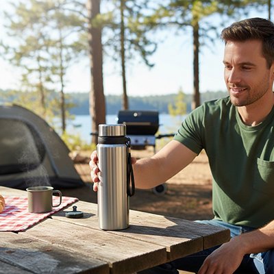 Bouteille isotherme homme qui boit son café