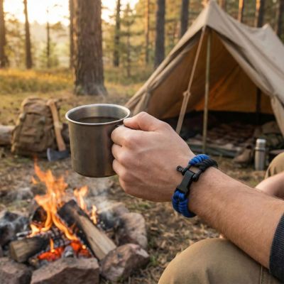 bracelet paracorde bleu et noir poignet homme en camping