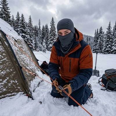 cagoule grise homme en camping d'hiver