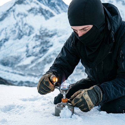 cagoule noire homme allume un réchaud dans la neige