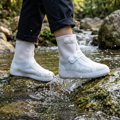 couvre chaussure​ blanc femme marchant dans la rivière 