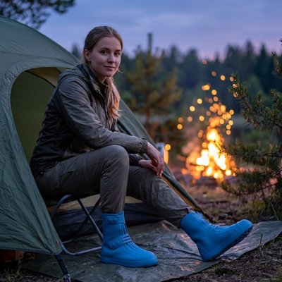 couvre chaussure​ bleu femme près du feu