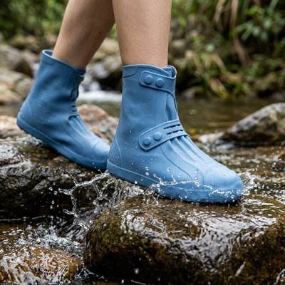 couvre chaussure​ bleu marche dans la rivière 