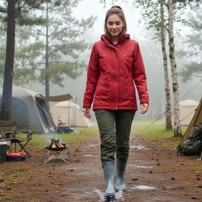 couvre chaussure​ femme qui marche dans la forêt pluvieuse