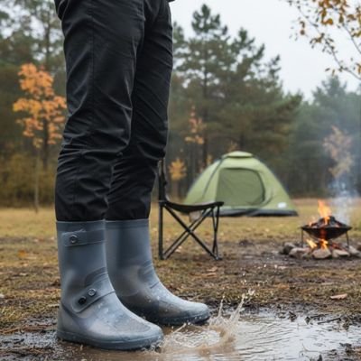 couvre chaussure​ gris homme pataugant dans la flaque d'eau