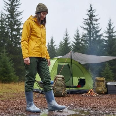 couvre chaussure​ homme en bivouac en forêt