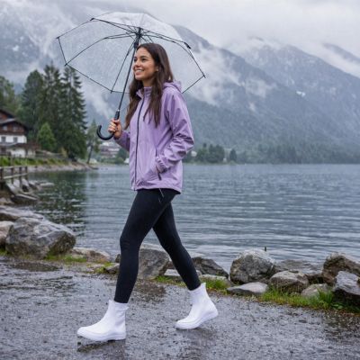 couvre chaussure imperméable blanc femme près du lac