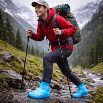 couvre chaussure imperméable bleu homme en trek