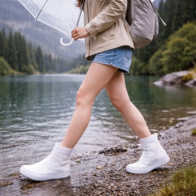 couvre chaussure imperméable femme marchant au lac