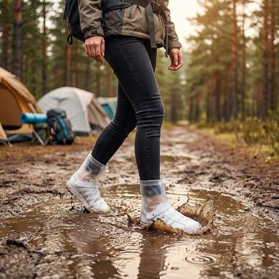 couvre chaussures​ blanche avec attache coulissante flaque d'eau