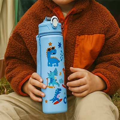 gourde enfant bleue tenue par un enfant