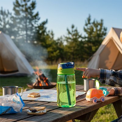 gourde enfant verte petit garçon en camping